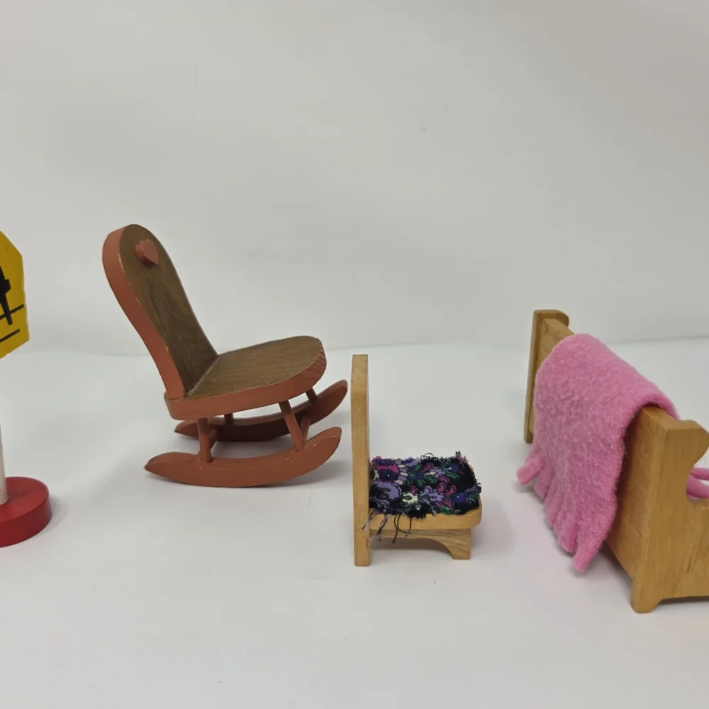 Wooden Doll Furniture with Pink Prrend Play Blanket